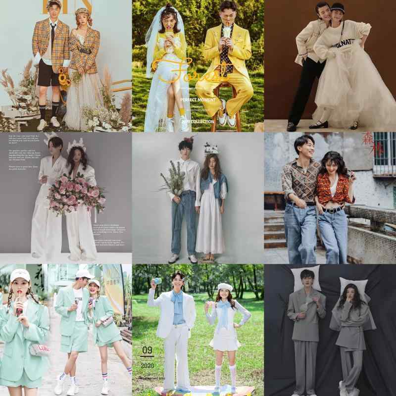 男女 ペア セットアップ 衣装 韓国 写真 ウェディング スタジオ ドレス 屋外 ストリート カップル チャイナ風 スーツ ジャケット パンツ カジュアル かっこいい 白 黒 青