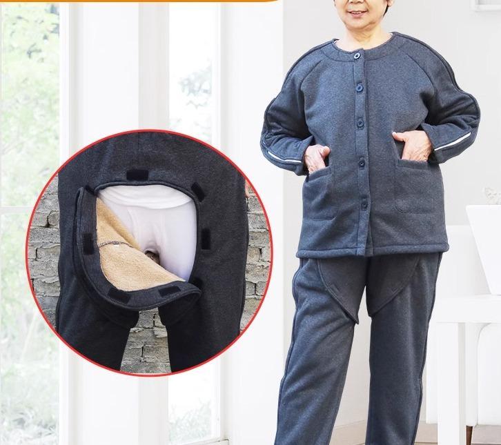介護 パジャマ 冬 メンズ レディース 暖かい あったか 大きいサイズ 裏ボア 厚手 寝たきり 高齢者 着脱しやすい 麻痺 患者 認知症 オープンクロッチ パンツ トップス グレー ブラック 面ファスナー