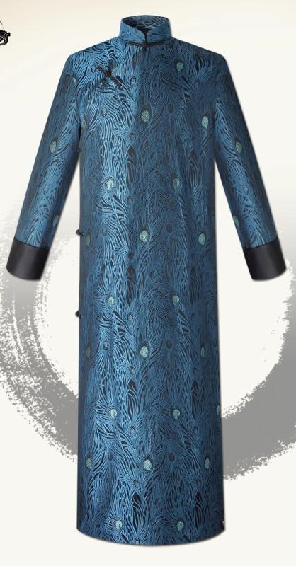 チャイナ服 メンズ チャンパオ レトロ ローブ ロング 衣装 パフォーマンス グリーン パーティー 刺繍 スタンドカラー 長袖 ジャガード