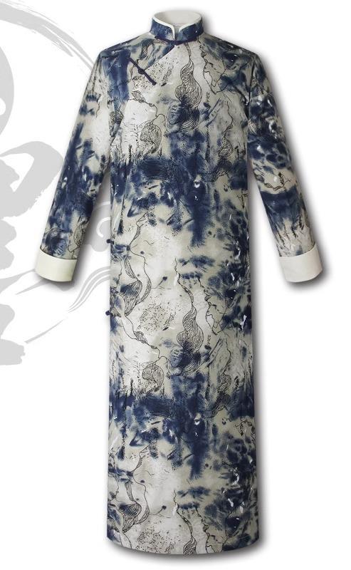 チャイナ服 メンズ チャンパオ 薄手 水墨画 ロング ローブ コットンリネン レトロ 夏 ホワイト スリット パーティー 刺繍 スタンドカラー 長袖