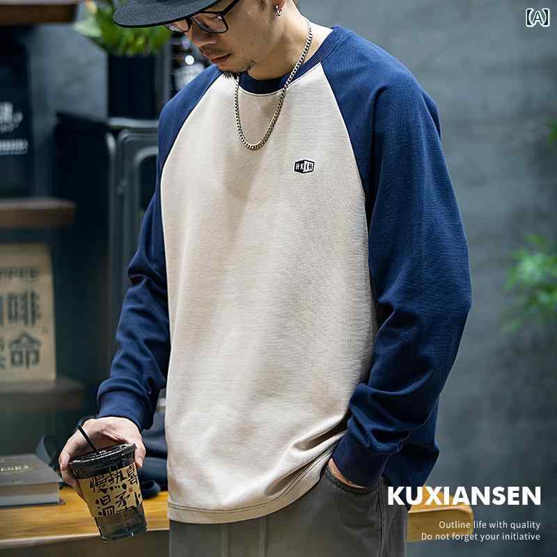 メンズ 春 ラウンドネック 長袖 Tシャツ ゆったり 男の子 大きいサイズ アメリカン トップス 対照的な色 カジュアル レイヤリングシャツ
