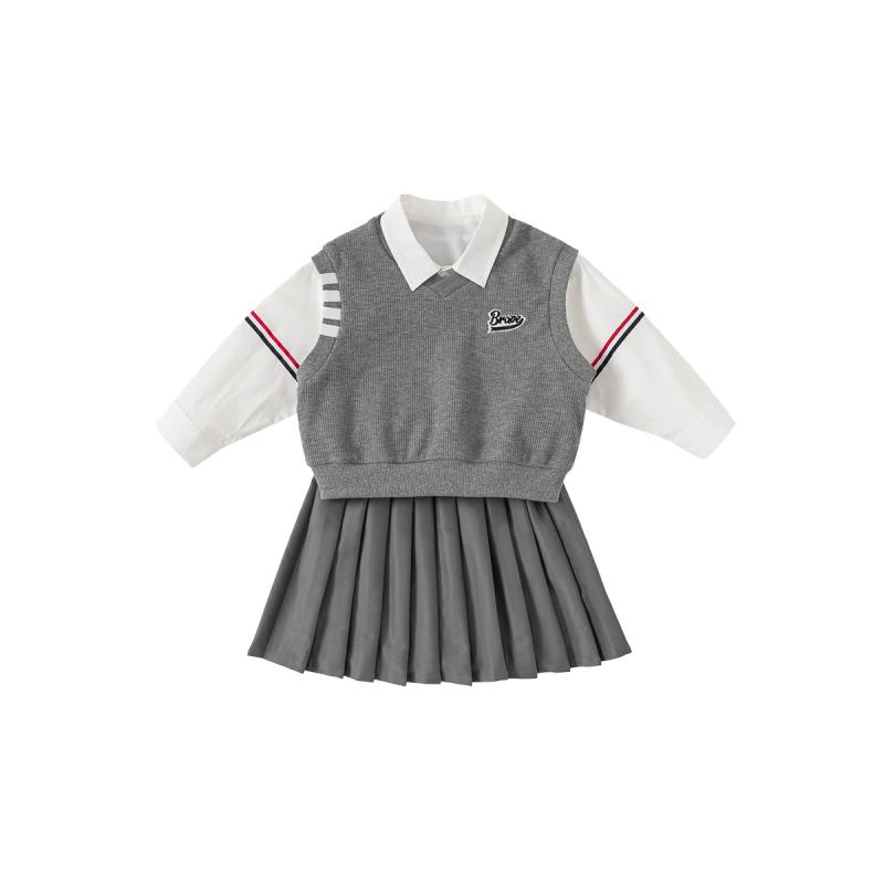 キッズファッション トップス シャツ ベスト スリーピース セット ロング パンツ ズボン スカート 長袖 かわいい カジュアル カレッジ 普段着 子供 春