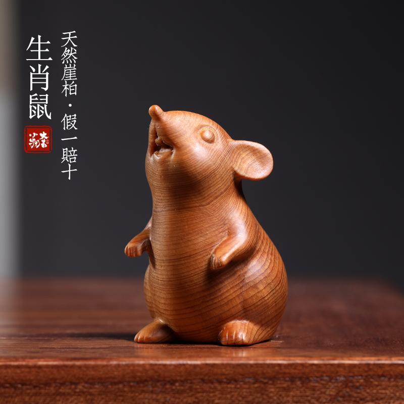 干支 置物 木製 木材 チャイナ風 鼠 ネズミ 装飾 飾り 工芸品 彫刻 無垢材 卓上 オーナメント 家庭用 オフィス アート インテリア 手のりアイテム