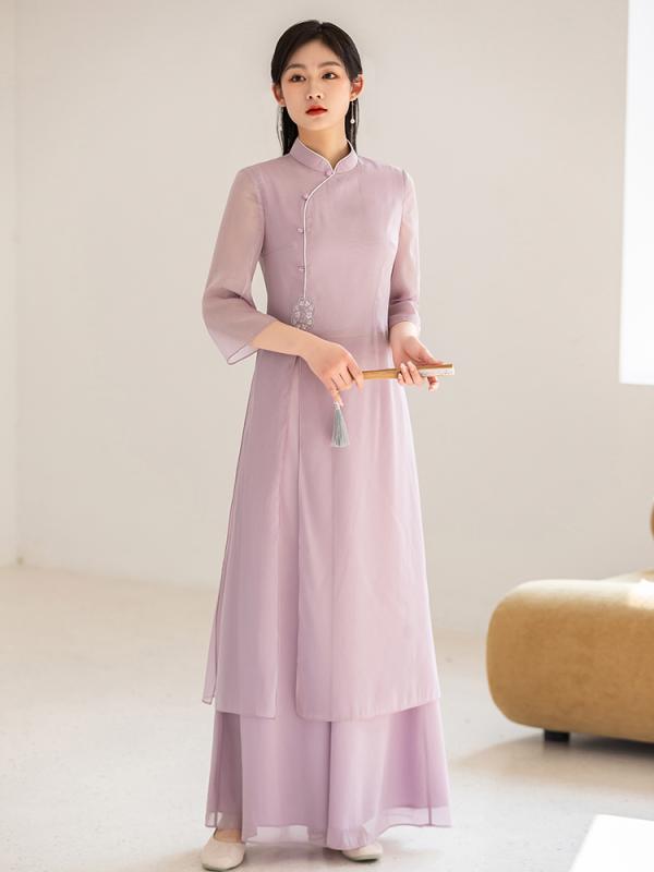 瀬戸ものお召しもの アオザイ トップス ズボン 背広 ロング 厚地の外套 瀬戸もの お召しもの 二色 長々しい 仕掛ける さる股引き 漢服 レトロ 上衣 中国風 春夏秋 お上さん 清楚 愛くるしげ お上さん服 レディース