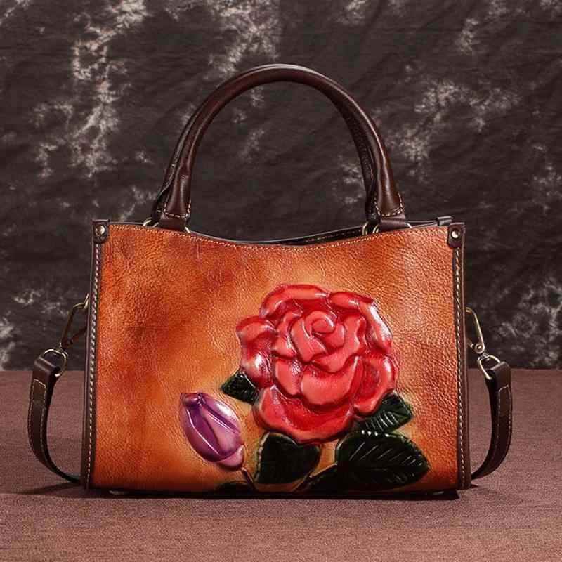 ハンド バッグ レトロ ファッション レディースバッグ 革 ハンドバッグ 花 牛革 ショルダー レザー レジャー エンボス加工 スクエアバッグ