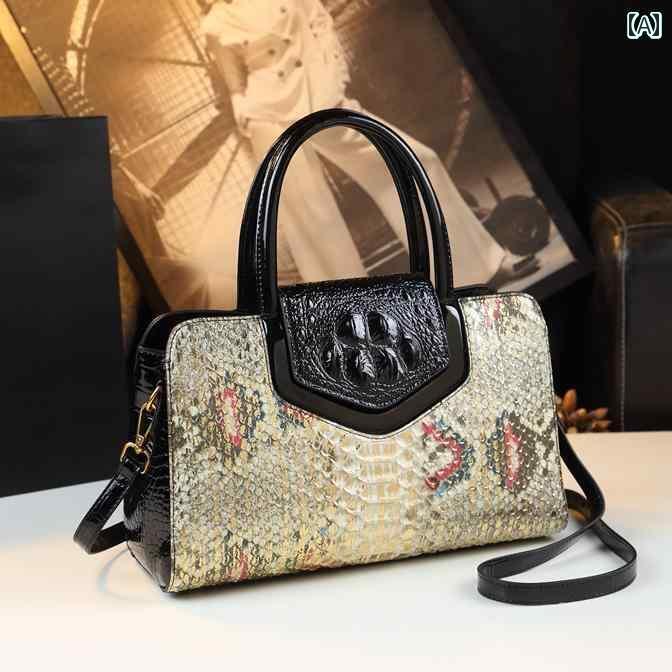 ハンドバッグ レディース 女性用 牛革トランスファーレザー 革 ポリエステル ショルダーバッグ ファッション ワニ柄 ママ用 クロコダイル ボディバッグ ボストンバック 蓋付き袋 ミディアム