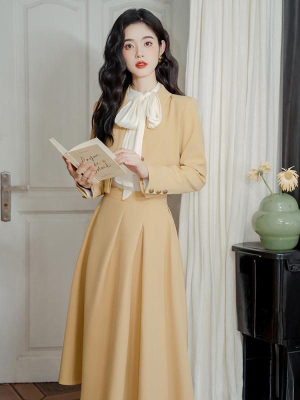 レディース ファッション 中華風 レトロ ツーピース スーツ ハイエンド ブラウス シャツ トップス 長袖 春秋 通勤 ジャケット スカート ミモレ丈 セットアップ スリーピース 女性用