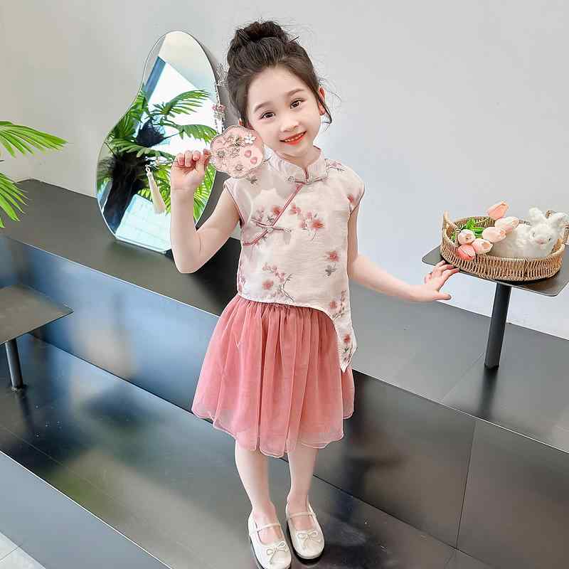 漢服 キッズ 夏 愛くるしげ お姉さん お子さん用 トップス スコート 上下仕掛ける もの言う花 中国風 瀬戸もの名取り草 メッシュ ギャザー 非相称 照明ランプ色合い 酉の方角天然ゴム 花柄 普段使い走り おでかけ サクラ色 ドレス-キッズファッション