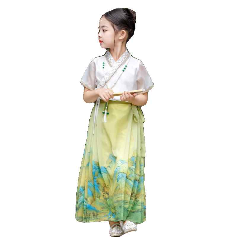 漢服 キッズ 夏 愛くるしげ お姉さん お子さん用 トップス スコート上下仕掛ける レトロ 薄っぺら 瀬戸もの風 スピード競技 筋目 紐 刷り上げる 見晴らし パステル色の 心地好い 普段使い走り お出かけ 白 緑 ドレス-キッズファッション-キッズ・ベビー・マタニティ