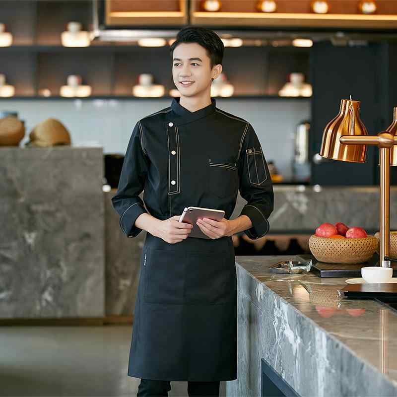 飲食店 ユニフォーム 制服 作業着 おしゃれ ファッション シェフ レディース 長袖 秋冬 ホテル ケータリング レストラン 大きいサイズ ポリエステル ブラック 男性