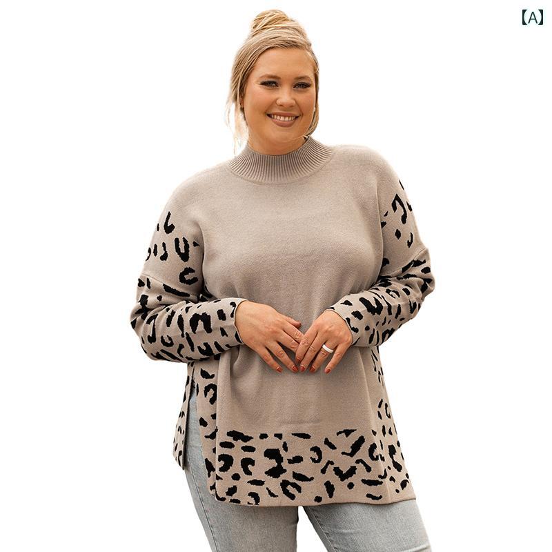 女性 トップス ウール ファッション 大きいサイズ ラウンドネック プルオーバー レディース 秋冬 ヒョウ柄 ハイネック セーター