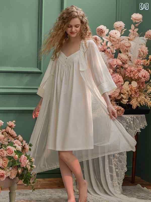 パジャマ レディース 宮殿風 春夏 レーシーガウン シフォンキャミ ワンピース ２点セット ガーリー 刺・墸 かわいい 透け感 ドレス｜モズラボ