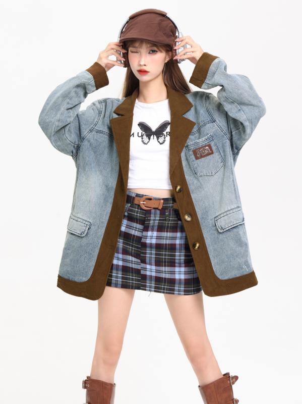 ジーンズ 上衣 韓国 アメリカン レトロ 大層らしい 大いさ レディース スプライシング 絨毛 真っただ中丈 上衣 無償性大いさ 長袖 心地好い かっこ良い コート・ジャケット-レディースファッション