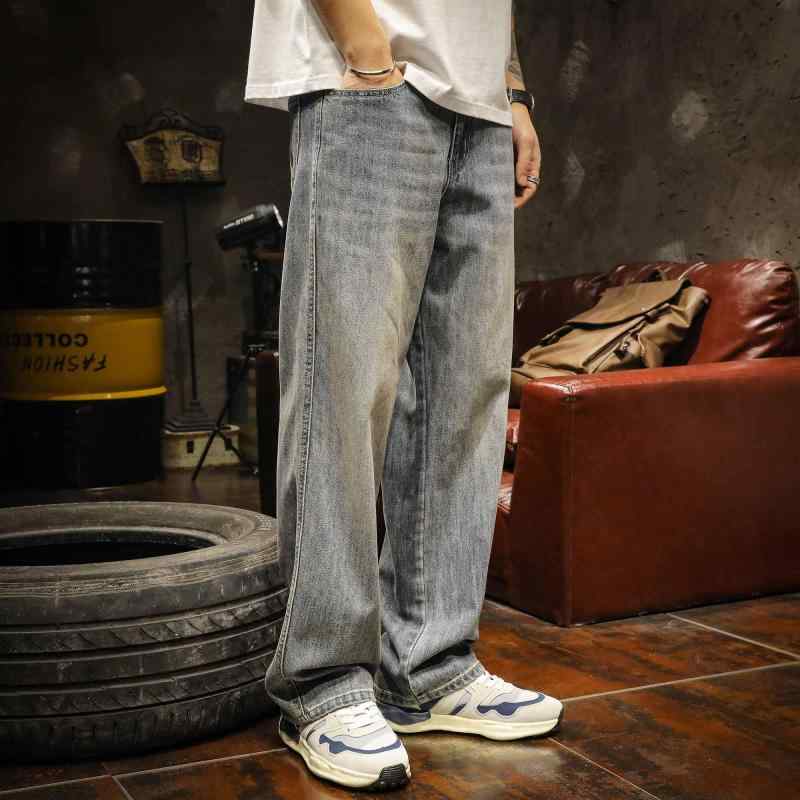 デニムパンツ メンズ アメリカン レトロ ドレープ ジーンズ 秋冬 ファッション ストレート ストリート ワイド レッグ フロア モップ ロング パンツ ヴィンテージ デニム ジッパー ファッション かっこいい カジュアル
