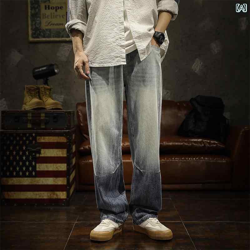 メンズ ロングパンツ 長ズボン 男性用 ジーンズ オールシーズン レトロ ストレート デニム アメリカン クラシック グラデーション カジュアル おしゃれ 綿混紡 ウォシュド リヨセル コットン 立体仕上げ 大きいサイズ ステッチライン ストリート フル