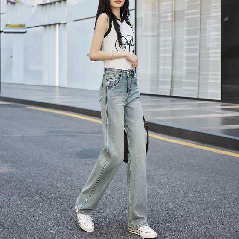 デニム ジャケット 上着 おしゃれ ファッション レディース 女性用 ストレートレッグ ジーンズ 春秋 薄手 ハイウエスト カジュアル フロアレングス ワイドレッグ