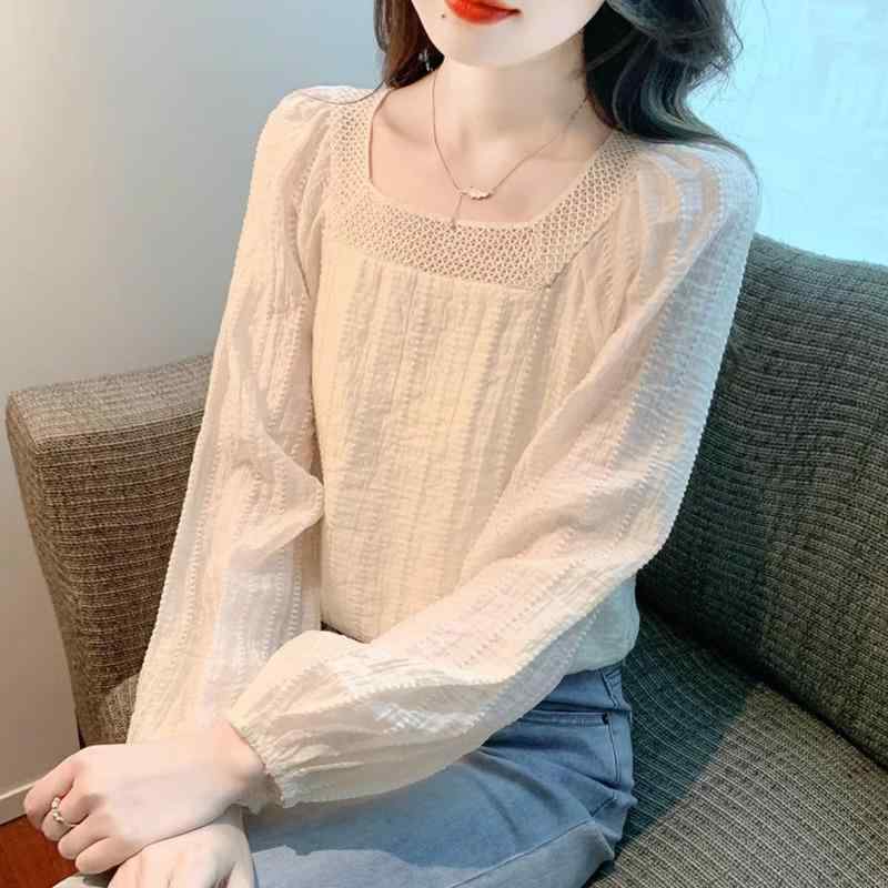 ブラウス シャツ レディース ファッション レース 春秋 ゆったり アプリコット 長袖 シフォン レイヤリング トップス スクエアネック プルオーバー パフスリーブ シンプル