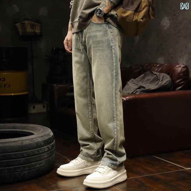 メンズ ロングパンツ 長ズボン アメリカン 春秋 レトロ デニム ジーンズ カジュアル ゆったり ワイドストレート ヘビーウォッシュド ノスタルジック ヴィンテージ 長め 綿混紡 ブルー クラシック 男性用 大きいサイズ コットン やや伸縮性あり