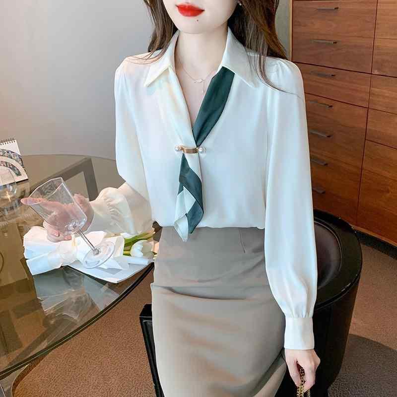 ブラウス シャツ レディース ファッション トップス 春秋 長袖 シフォン Vネック ハイエンド サテンシャツ ゆったり アプリコット プルオーバー エレガント