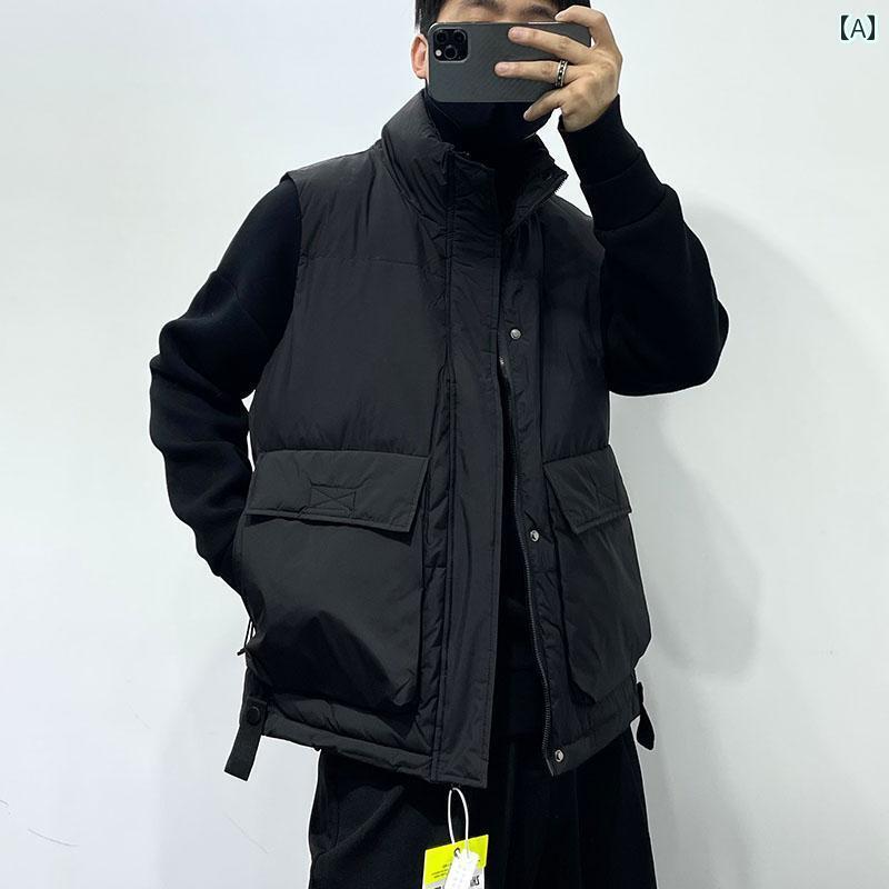 メンズ ファッション 冬 マルチ ポケット シンプル スタンドカラー 厚手 ダウン ベスト 韓国 ワークウェア ダウンジャケット｜モズラボ