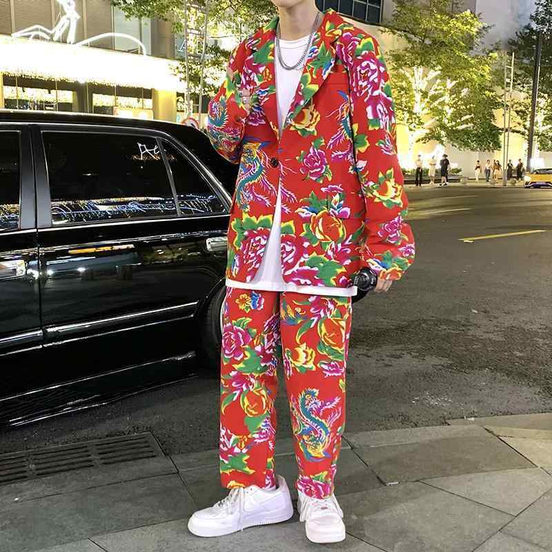 メンズ スーツ セット ジャケット ブレザー ツーピース ズボン パンツ ロング フラワー プリント カジュアル 男性 パーティー ステージ パフォーマンス 司会 歌手 マジシャン 舞台 衣装 カジュアル フォーマル 紳士服