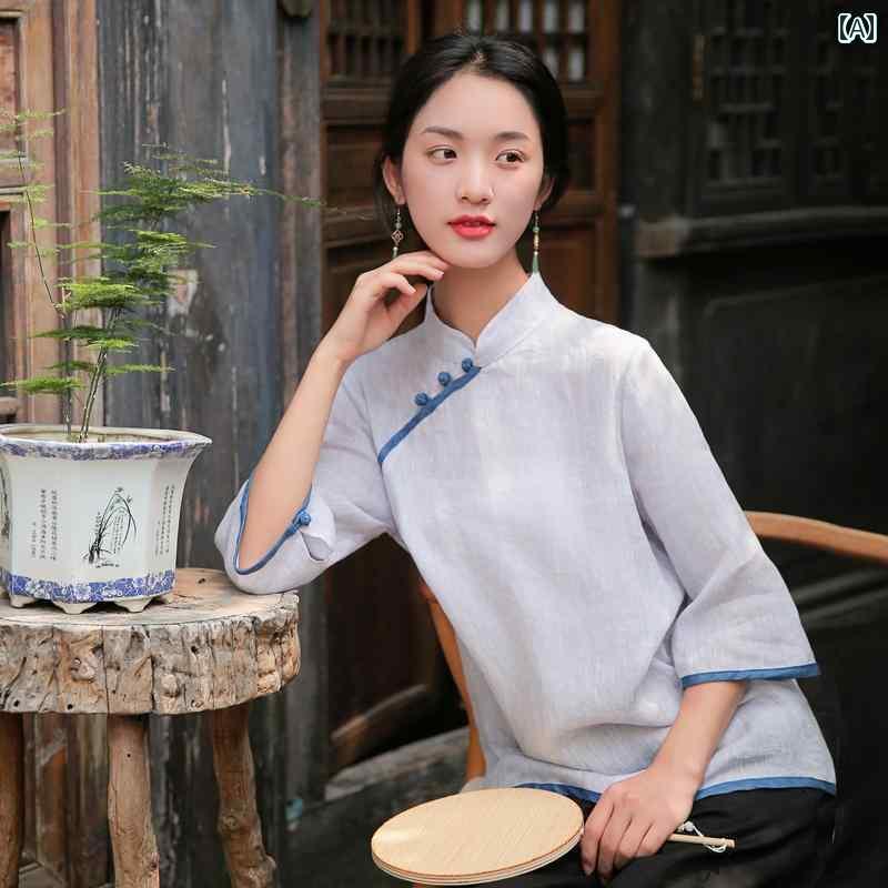 レディース 瀬戸もの風 セットアップ 口さかしい リネン 仏教 禅 お上さん服 ハイエンド 僧服 茶 美術家 茶師服 夏 雅びやか 仕掛ける トップス ワイドレッグパンツ 照明ランプ色合い 無地