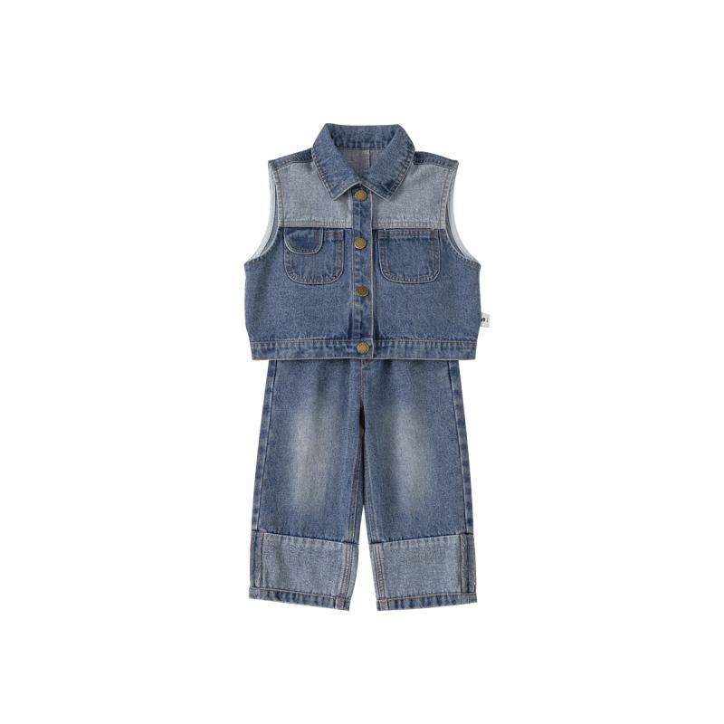 キッズファッション トップス ベスト チョッキ ジャケット ツーピース セット ロング パンツ ズボン ノースリーブ デニム カジュアル 普段着 子供服 春