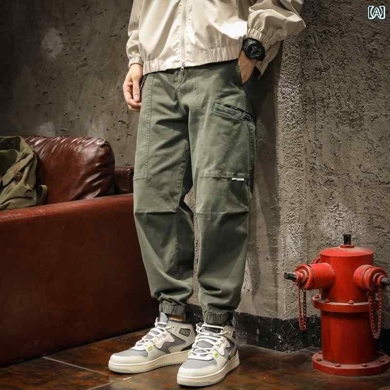 メンズ 男性用 長ズボン ロングパンツ ボトムス 春秋冬 レトロ 短め 九分丈 中腰 レギンス マウンテン カジュアル 旅行 やや伸縮性あり おしゃれ ポケット装飾 ステッチ装飾 綿混紡 ポリウレタン弾性繊維 アウトドア 大きいサイズ 黒 緑 カーキ