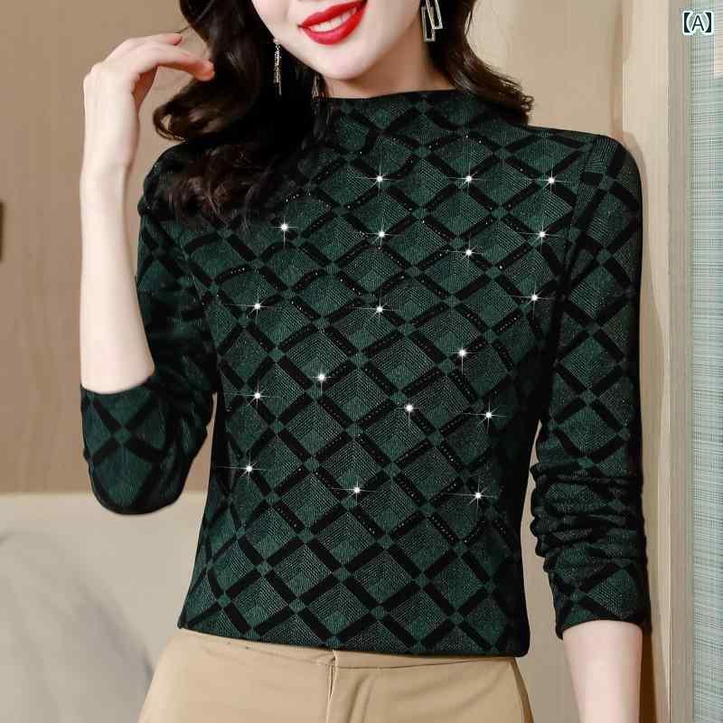 レディース トップス シャツ きれいめ 上品 マザーズ ママ向け 春 女性用 長袖 厚手 レイヤリングシャツ 花柄 伸縮性 洋風 ハーフタートルネック 幾何学模様 万能 薄手 おしゃれ シック
