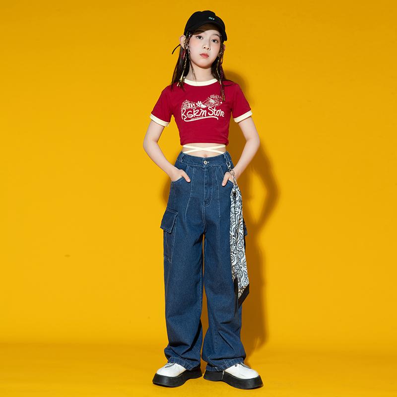 女の子 へそ出し トップス 夏 キッズ おしゃれ カジュアル ヒップホップ ダンス 衣装 半袖 Tシャツ ラウンドネック ワイドパンツ 上下セット アルファベット 赤