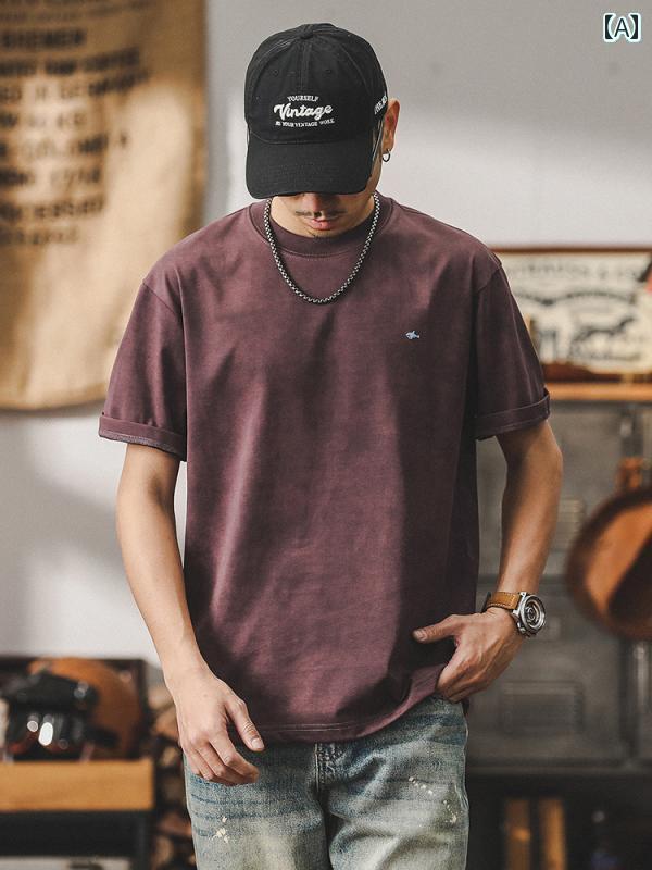 Tシャツ 半袖 メンズ 男性用 シャツ トップス 夏 アメリカン レトロ ウォッシュド 色褪せ 通気性 ワンポイント バックプリント 英文字 サメ 丸首 ラウンドネック 大きいサイズ 綿混紡 ポリエステル繊維 カジュアル ゆったり パープル ライトグレー