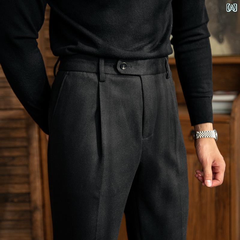 スーツパンツ スラックス 男性 冬 厚手 暖かい ロングパンツ 立体仕立て ミッドハイウエスト レトロ カジュアル ストレート メンズ 伸縮性 しわ防止 ファッション
