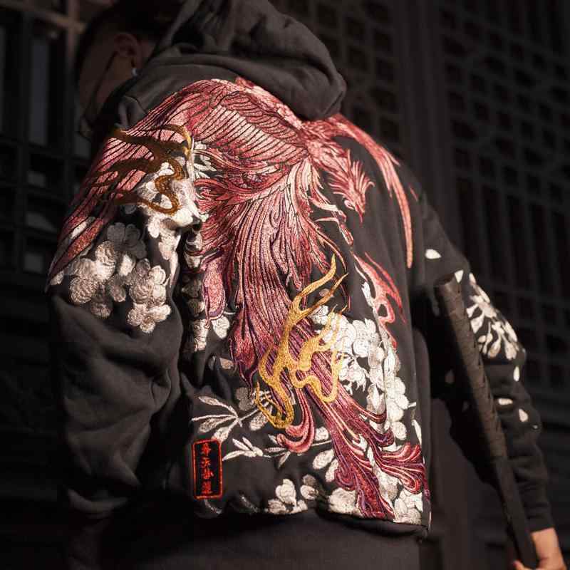 パーカー ジップアップ 桜 朱雀 刺繍 かっこいい ジャケット メンズ フード付き セーター スウェット トレーナー 浮世絵風 ストリート カジュアル|モズラボ