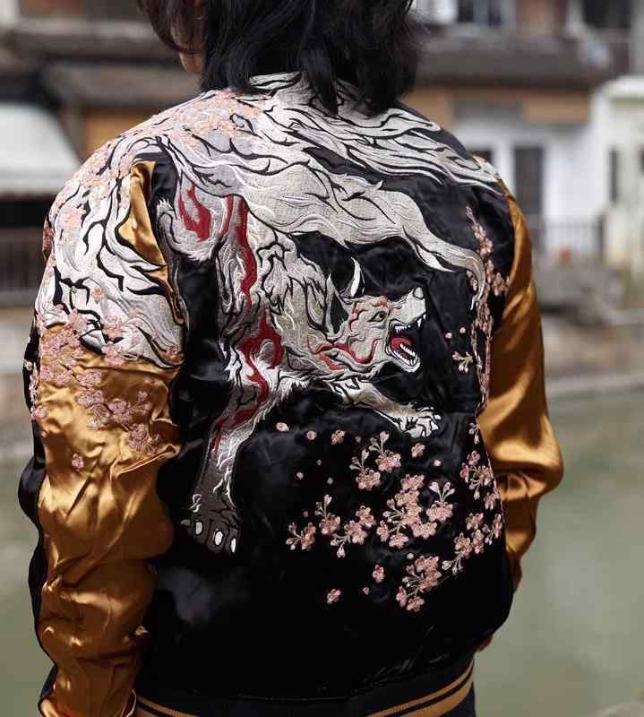 スカジャン 桜 九尾狐 刺繍 リバーシブル 重厚感 秋冬 横須賀ジャンパー メンズ レディース カップル アウター ブルゾン ストリート バイク カジュアル 街歩き 両面 サテンジャケット
