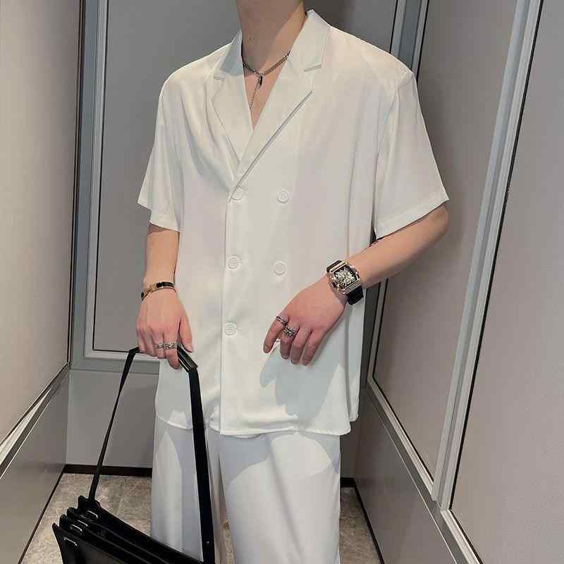 セットアップ メンズ 接触冷感 軽量 通年 サテン ポリエステル アセテート テーラードカラー シャツ ロングパンツ カジュアル 高級感 韓国ファッション