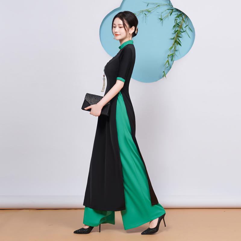 アオザイ お召しもの 晴れ晴れしい感 ロング丈 トップス セットアップ 瀬戸ものお召しもの 夏 レディース 照明ランプ色合い 細長い切口 半袖 黒 緑 刺・墸