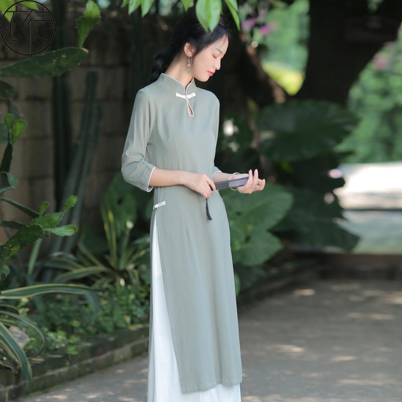 アオザイ チャイナドレス レディース コットン トップス 禅 中国 茶 芸術 エレガント 服 夏 グリーン