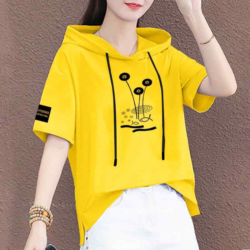 パーカー 半袖 レディース かわいい 夏 フード Tシャツ ゆったり 大きいサイズ トップス 薄手 普段着 お出かけ カジュアル 花 魚 黄色 青 赤