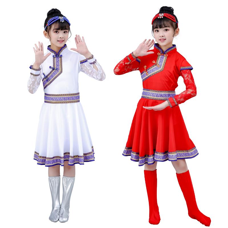 モンゴル 衣装 民族 舞踊 エスニック 子供 女の子 パフォーマンス 服 コスプレ 舞台 ファッション 劇 ドレス ホワイト レッド