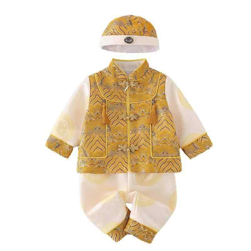 誕生日 服 子供 セレモニー お祝い 1歳 2歳 男の子 春秋 宴会 チャイナ風 豪華 光沢 刺繍 タッセル コスプレ 写真 撮影 帽子 トップス パンツ ベスト セットアップ 伝統的