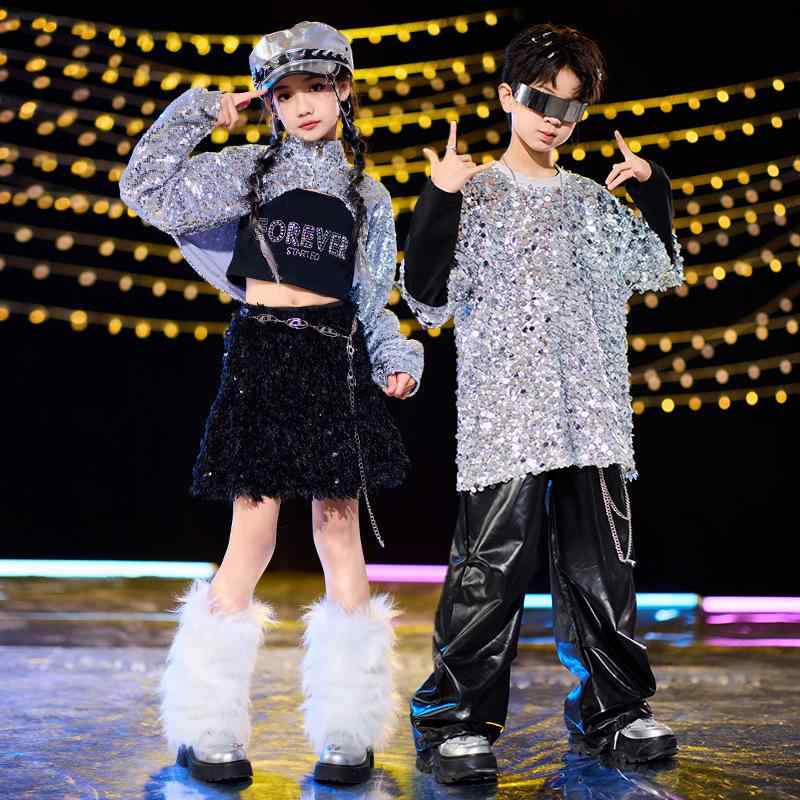 ダンス衣装 キッズ ストリート ヒップホップ ジャズダンス スパンコール セットアップ シルバー トレンド 発表会 舞台 パフォーマンス 男女兼用 ポリエステル 4,908円
