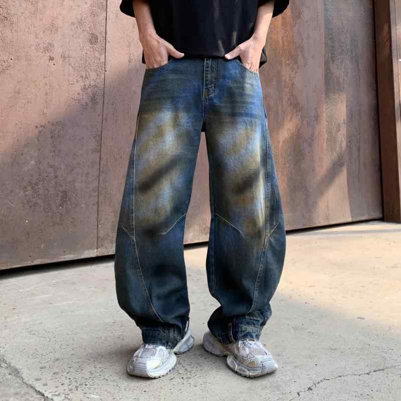 デニムパンツ メンズ ウォッシュ加工 ブルー ルーズフィット ジョガー カーブパンツ コットン素材 ストレッチ ミドルウエスト カジュアルスタイル 春秋