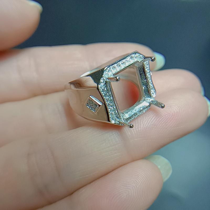 指輪 メンズ S925 シルバー 高級感 エレガント 18K ホワイトゴールドメッキ 空枠 フリーサイズ 面取り 長方形 10mm x 12mm シンプル ビジネス 通勤