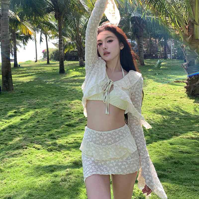 水着 レディース 体型カバー 長袖 セパレート ビキニ 4点セット リゾート プール ビーチ 旅行 海外旅行 パッド付き ワイヤーなし 大人かわいい 上品 セクシー 無地