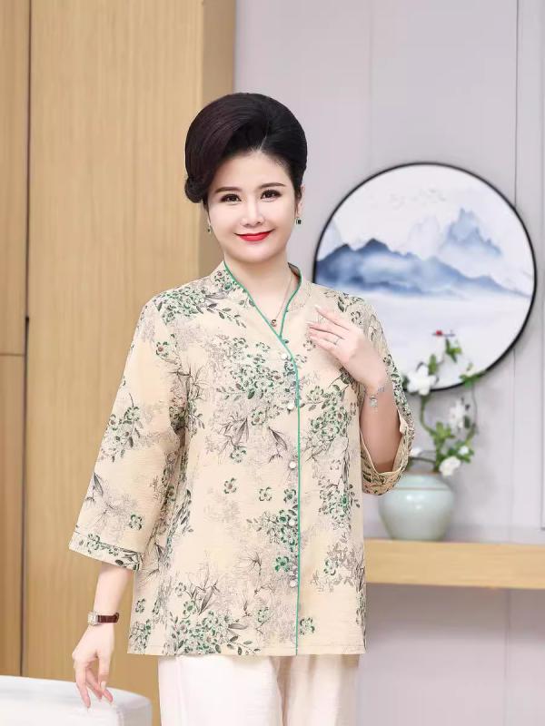 シャツ レディース シニア お母さん 中高年 春夏 花柄 薄手 ゆったり 前開き ミドル丈 チュニック ブラウス シルクリネン 体型カバー 普段着 お出かけ 涼しい