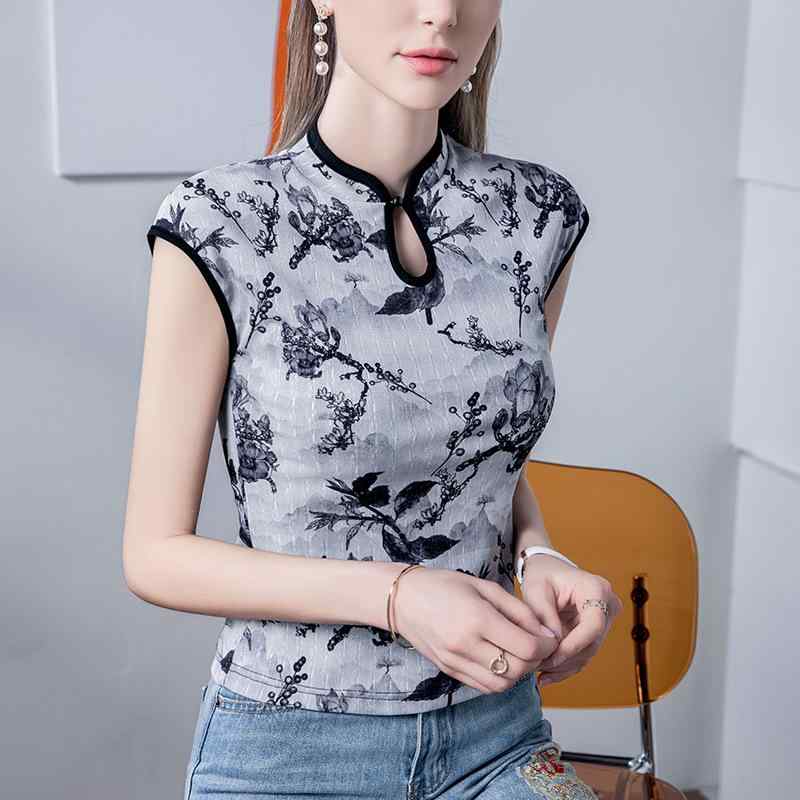 Tシャツ レディース スリムフィット シースルー チャイナカラー 花柄プリント メッシュ 半袖 ストレッチ素材 切り替え 大人カジュアル エレガント 春夏 トップス グレー