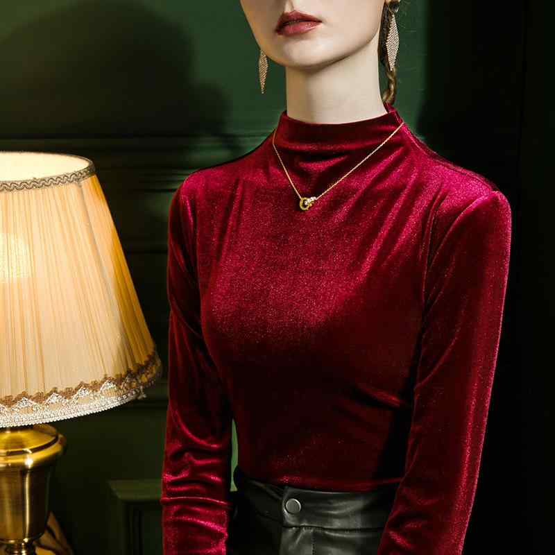 Tシャツ レディース 光沢 ベロア モックネック 長袖 スリムフィット 上品 インナー トップス 秋冬 韓国ファッション 大人カジュアル 無地 テンセル素材 やわらか