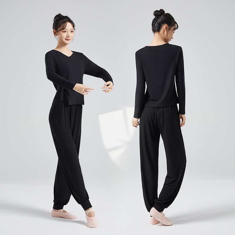 ダンスウェア レディース Vネック 細見え 体型カバー セットアップ ハーレムパンツ コットン素材 大人用 黒 中国舞踊 民族舞踊 舞台衣装 練習着 オールシーズン フィットネス ヨガ