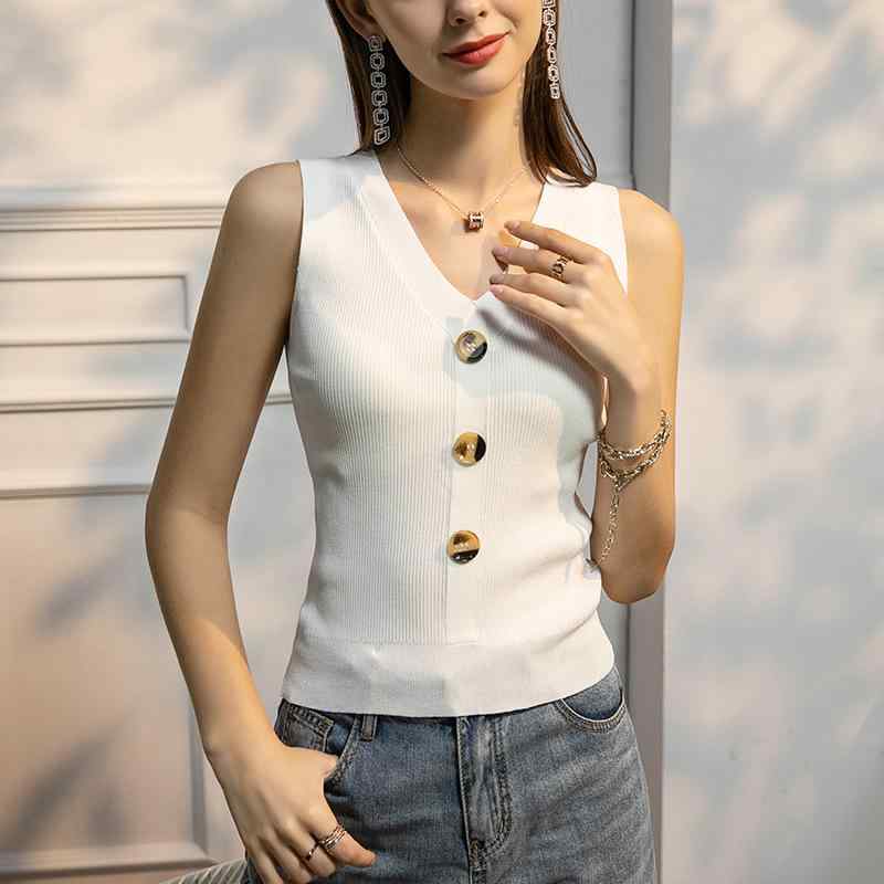 ニットベスト レディース 接触冷感 ノースリーブ ボタンデザイン ショート丈 スリムフィット 春夏 上品 通勤 ホワイト|モズラボ