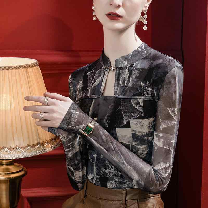 Tシャツ レディース 中国風 チャイナドレス風襟 タイダイ柄プリント スリムフィット インナー 長袖 シアー切り替え 大人カジュアル 上品 エレガント 秋冬 スパンデックス素材